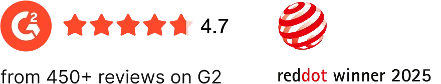Rated 4.7 from 480+ reviews on G2 and Red Dot Winner 2025
